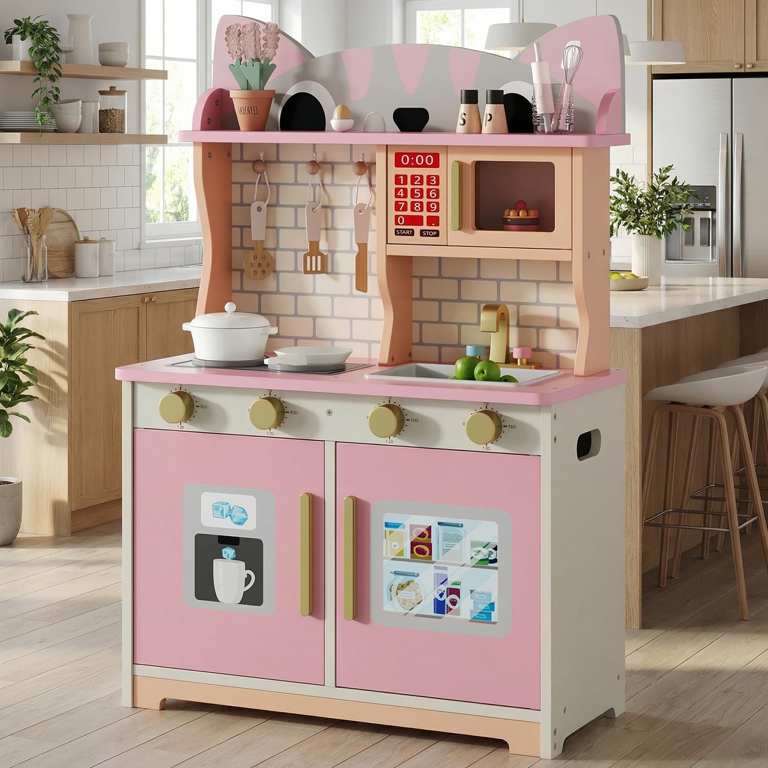 Pink Cat Design Wooden Play Ki - Kids Toys Kitchen Set incelemesi ve fiyatı