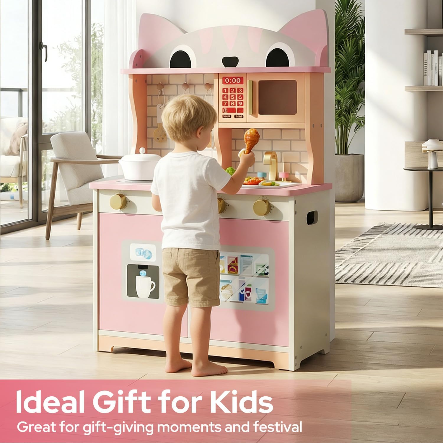 Pink Cat Design Wooden Play Ki - Kids Toys Kitchen Set incelemesi ve fiyatı